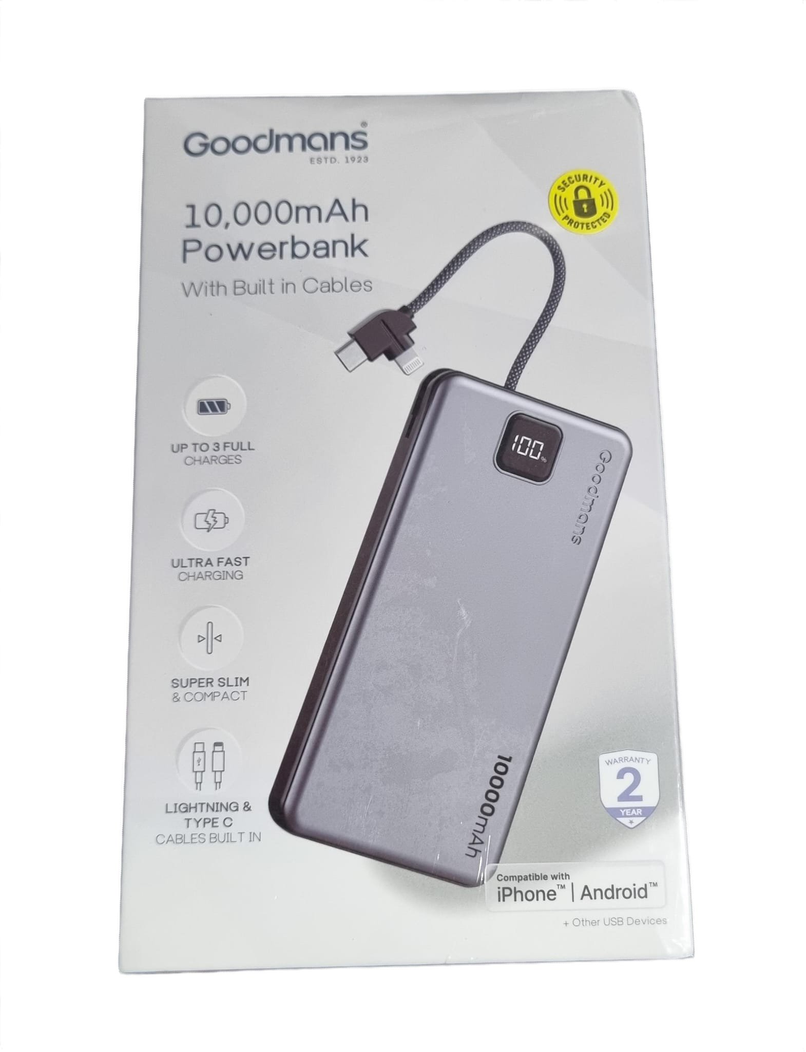 Goodmans - 10,000 MaH Powerbank - With Built-In Cables - NEW